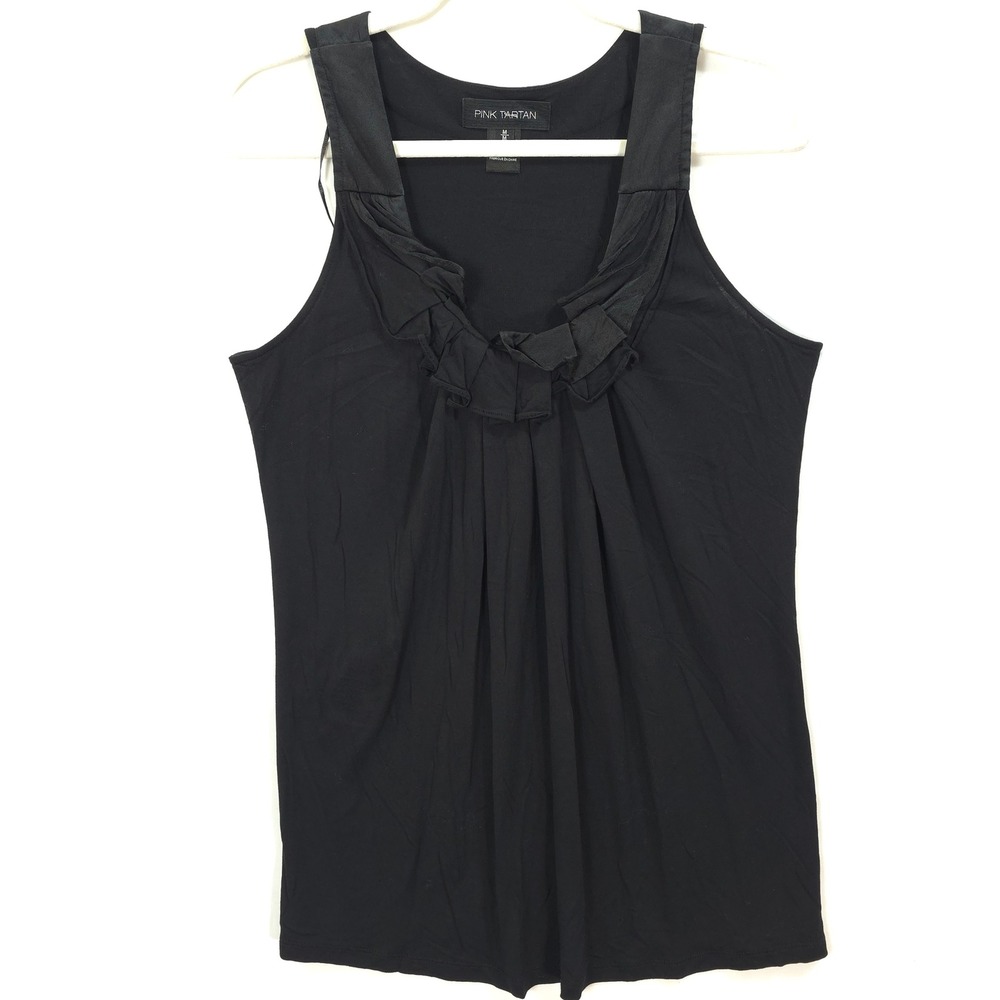 Pink Tartan Tank Top Silk Ruffle Trim Black Womens M Quiet Luxury ChicOld Money